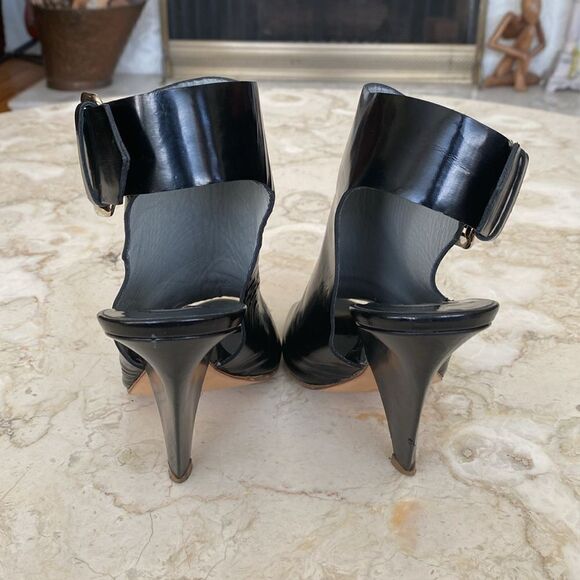 Chloe Black Patent Leather Peep-Toe Buckle Accent Heels - Picture 8 of 14